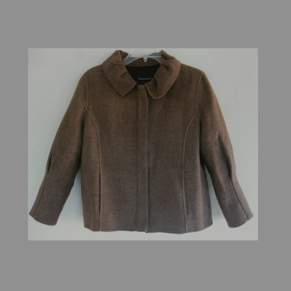 Brown tweed jacket L Wool bl Hidden zip Round collar Pocket Pleated sleeve Large